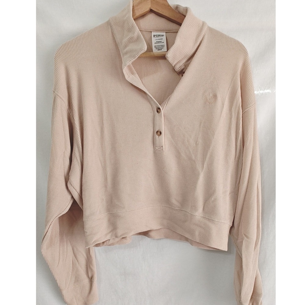 PINK Victoria's Secret Henley Top Blush Cream Waffle Knit Cropped Sleepwear L